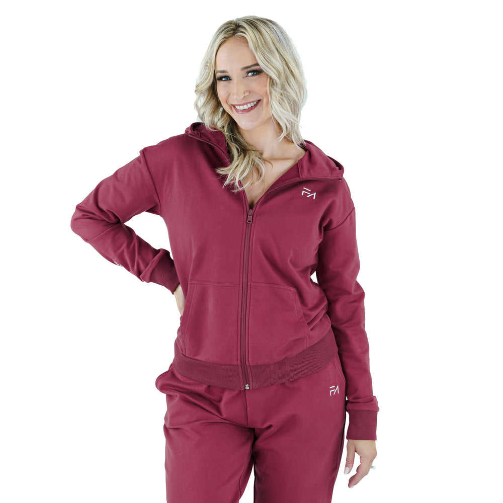 Evolution Zipup Hoodie Berry, modeled front view