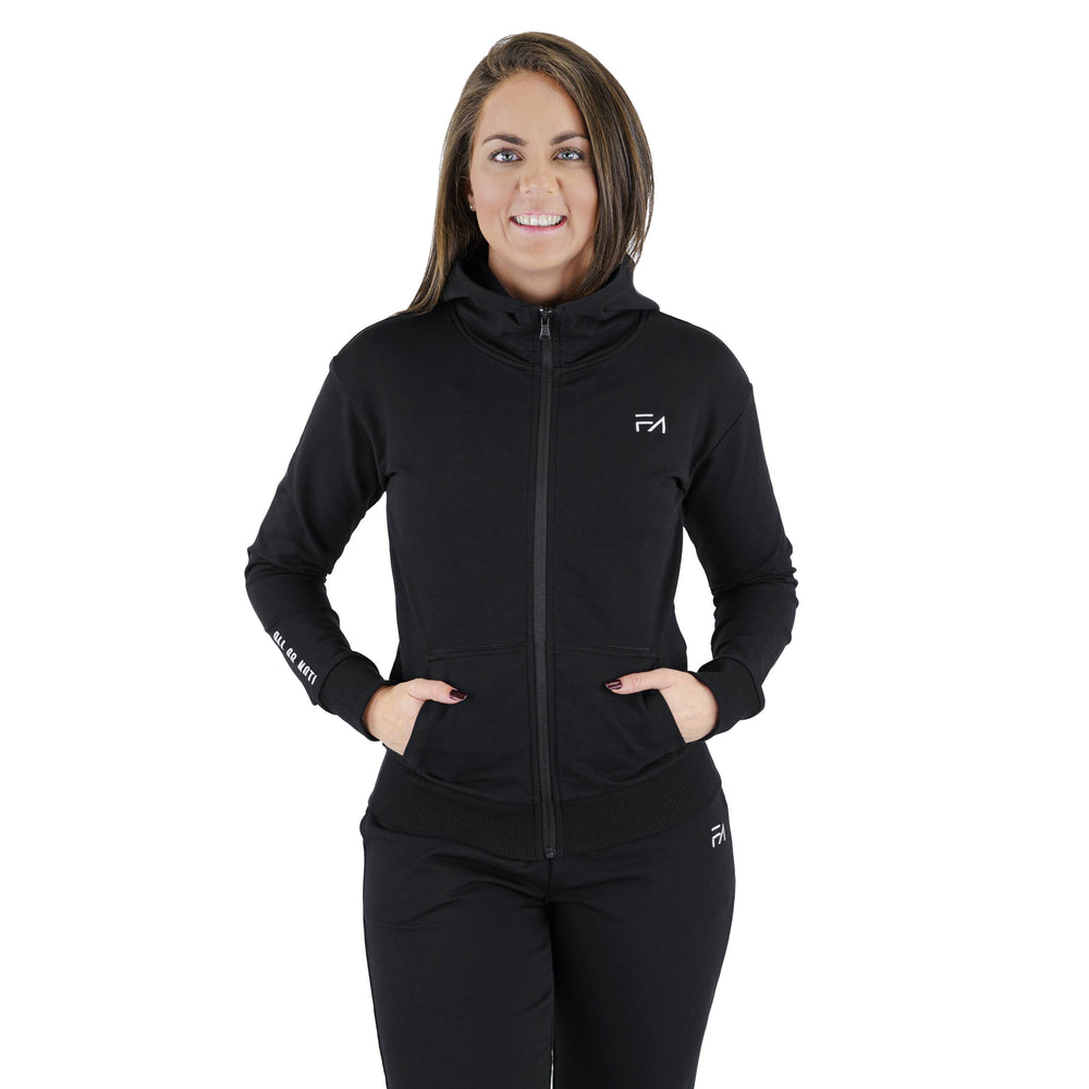 Evolution Zipup Hoodie Black, modeled front view