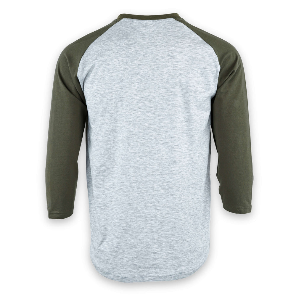 FA Raglan 3/4 Olive and Heather, back view