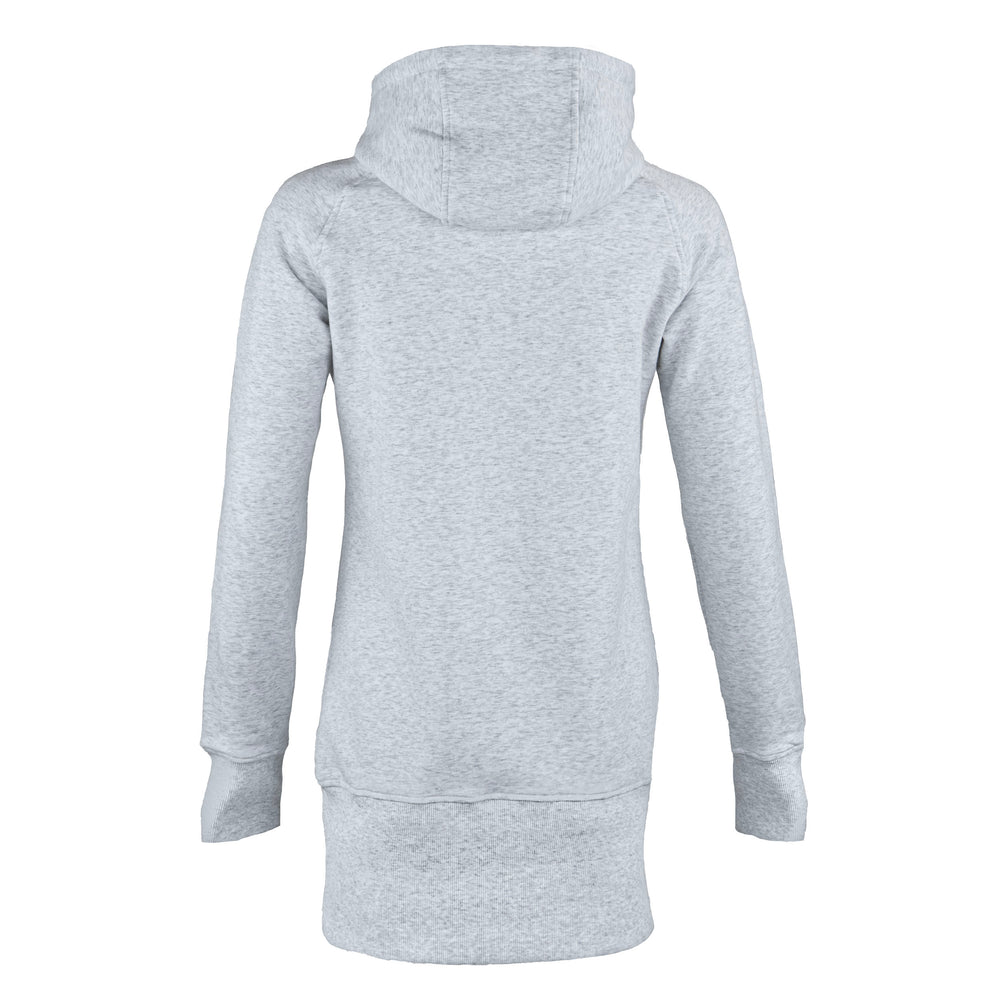 A light gray heathered pullover hoodie shown from the back, featuring a high ribbed collar, long sleeves with ribbed cuffs, and a ribbed hem, displayed on a solid white background.
