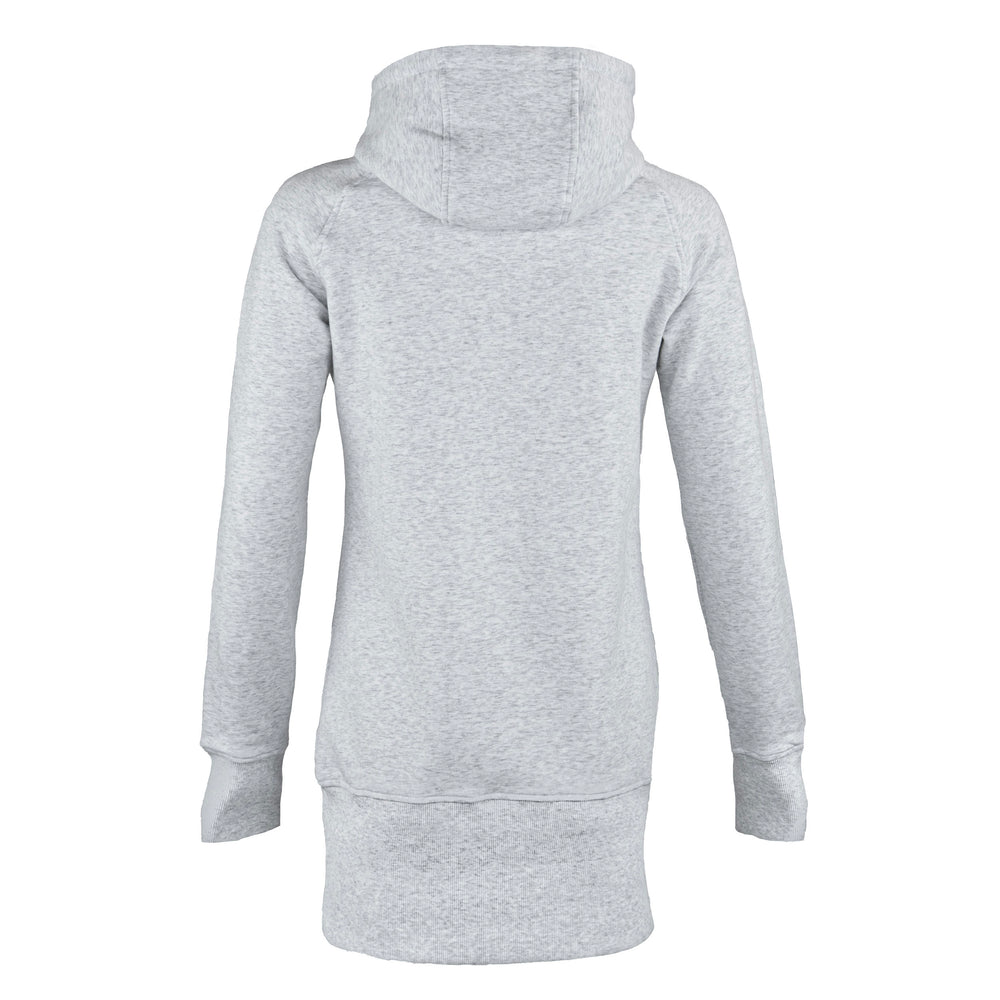 A light gray heathered hooded sweatshirt shown from the back, featuring a high ribbed collar, long sleeves with ribbed cuffs, and a ribbed hem, displayed on a clean white background.
