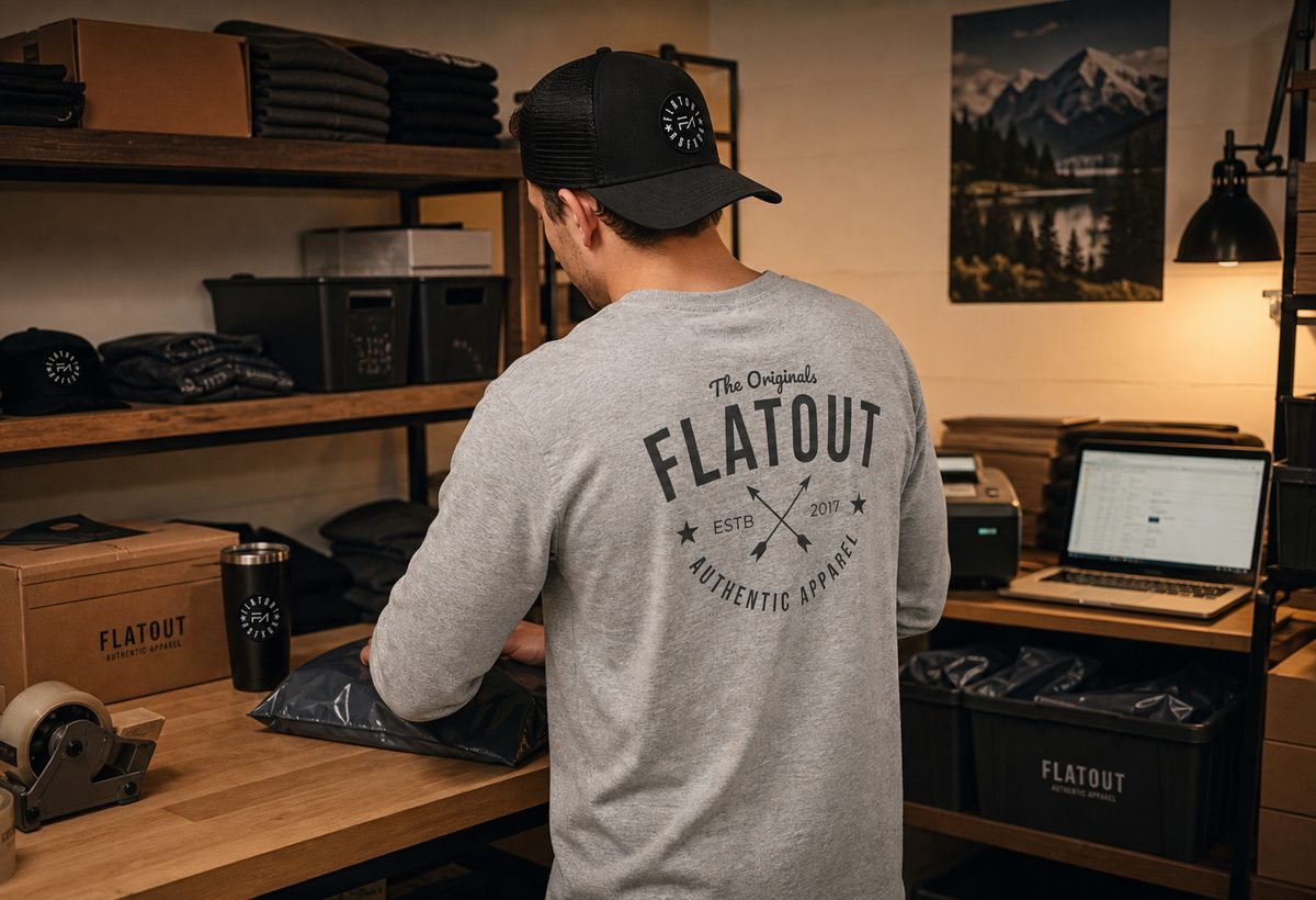 Flatout Canadian small business order packing station with branded apparel
