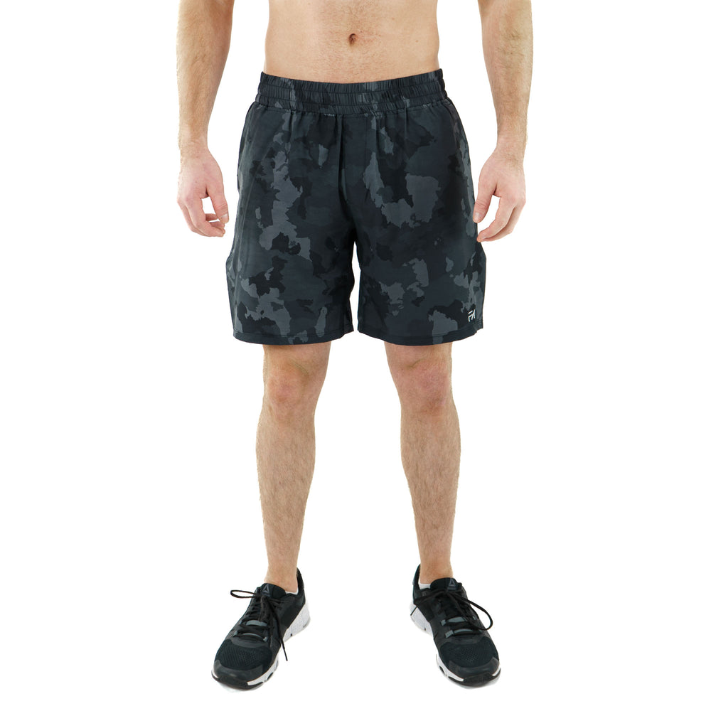 Unlimited Shorts Grey Camo, 7.5 inch modeled front view