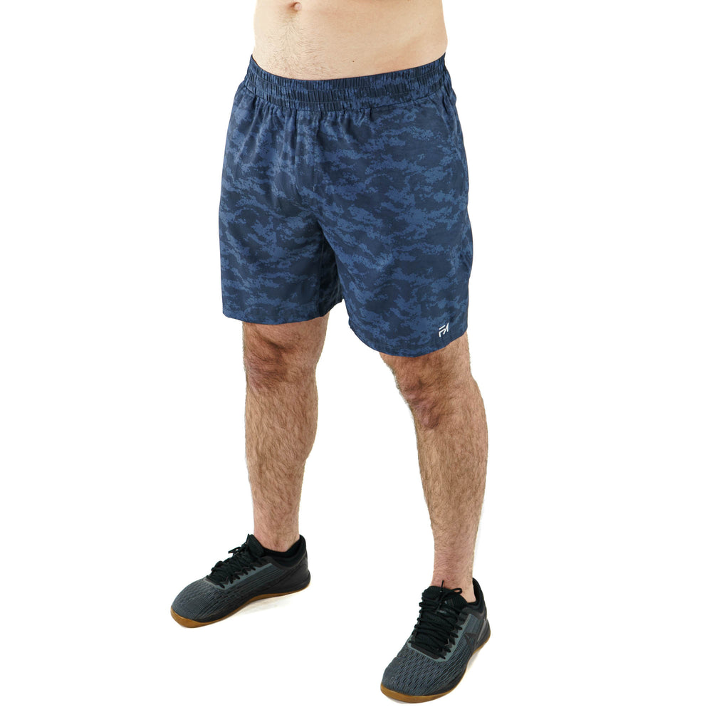 Unlimited Shorts Blue Camo, 7.5 inch modeled front side view