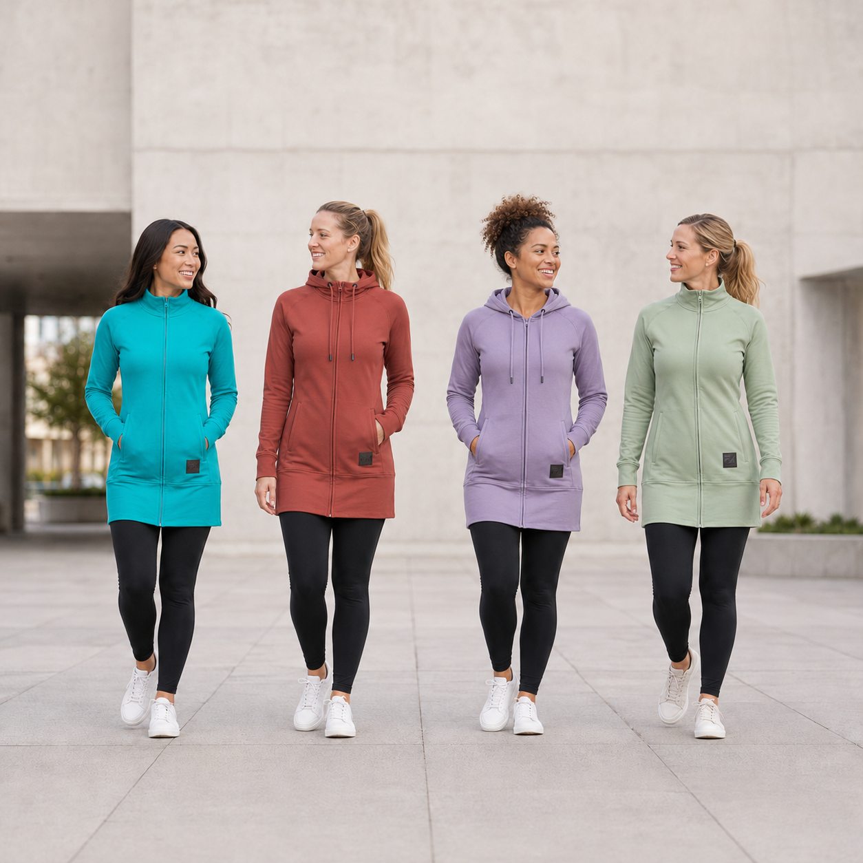 Four women wearing colorful Kora long zipups with black leggings