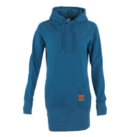 A atlantic blue pullover hoodie dress with long sleeves, a drawstring hood, and a kangaroo pocket, shown on a plain white background.
