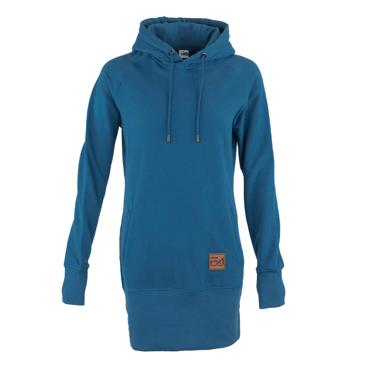 A atlantic blue pullover hoodie dress with long sleeves, a drawstring hood, and a kangaroo pocket, shown on a plain white background.