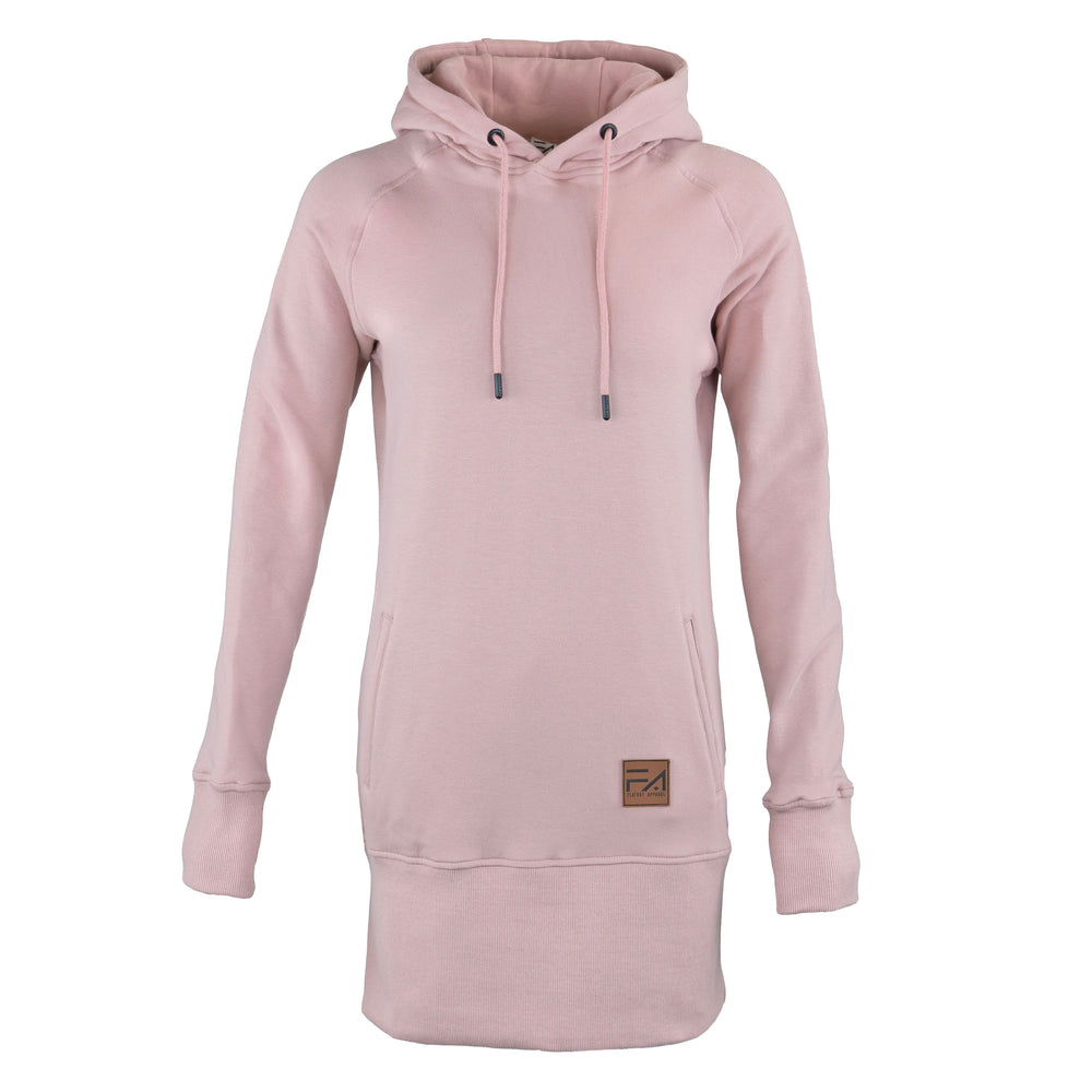 A light pink long-sleeve pullover hoodie dress with a drawstring hood, kangaroo pocket, and ribbed hem, shown on a plain white background.