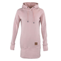 A light pink long-sleeve pullover hoodie dress with a drawstring hood, kangaroo pocket, and ribbed hem, shown on a plain white background.