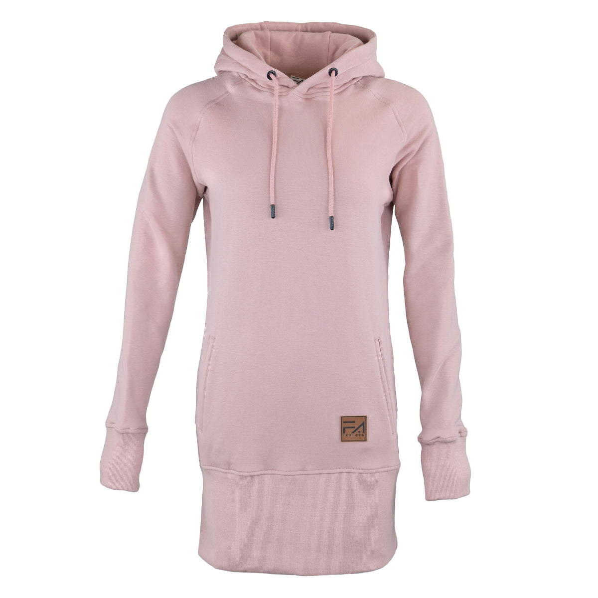 A light pink long-sleeve pullover hoodie dress with a drawstring hood, kangaroo pocket, and ribbed hem, shown on a plain white background.