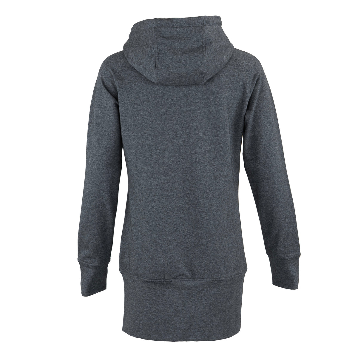 A dark heather gray pullover hoodie shown from the back, photographed on a clean white background.