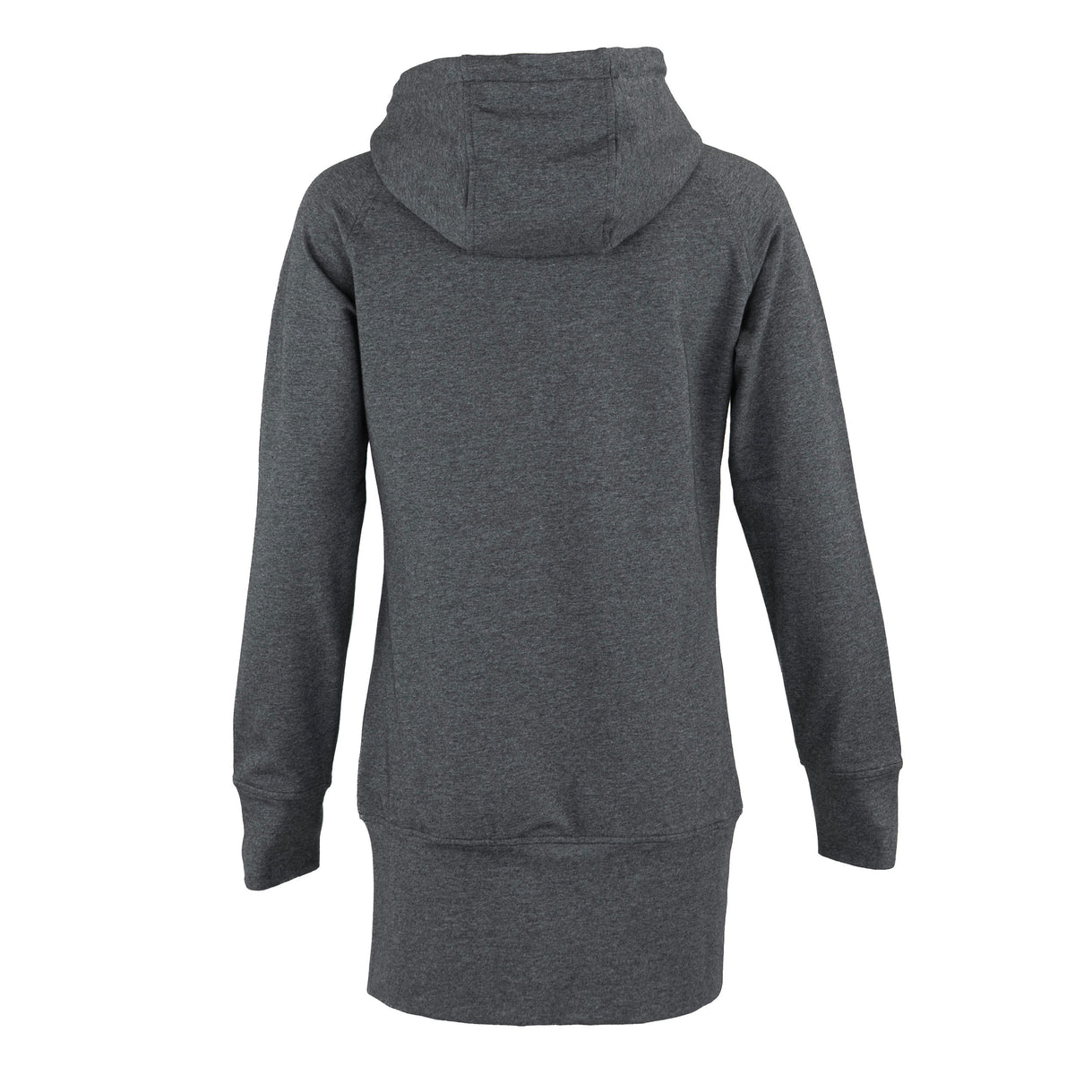 A dark heather gray pullover hoodie shown from the back, photographed on a clean white background.