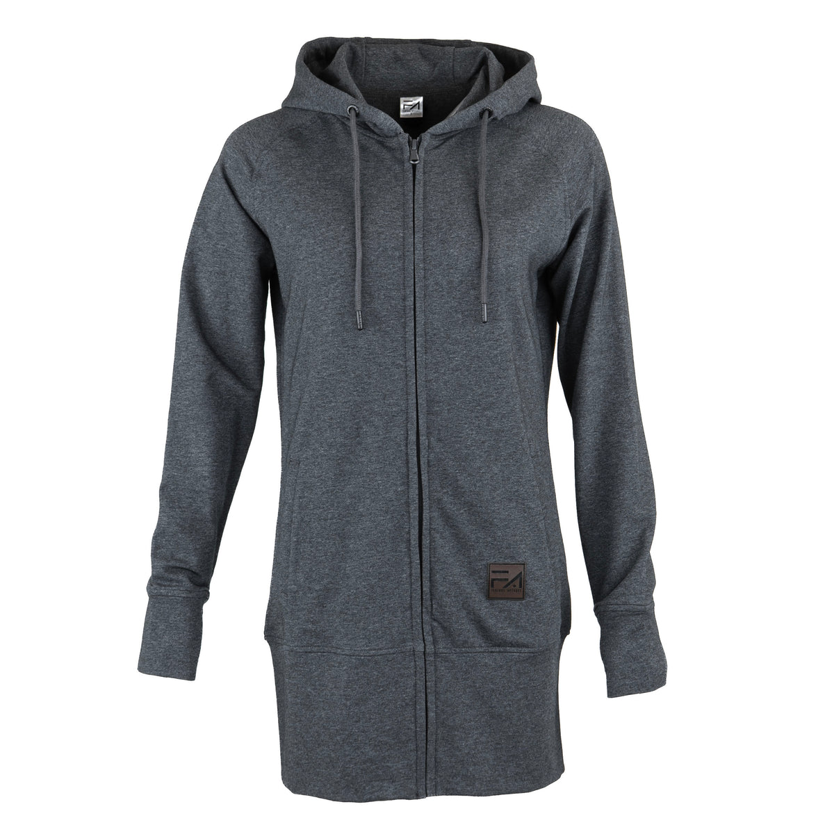 A dark heather gray zip-up hoodie dress with drawstrings, long sleeves, and a small brown brand patch on the lower front, displayed on a clean white background.