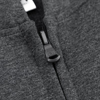 Close-up of a dark gray heather zippered garment with a black zipper pull and a white fabric tag visible near the collar.