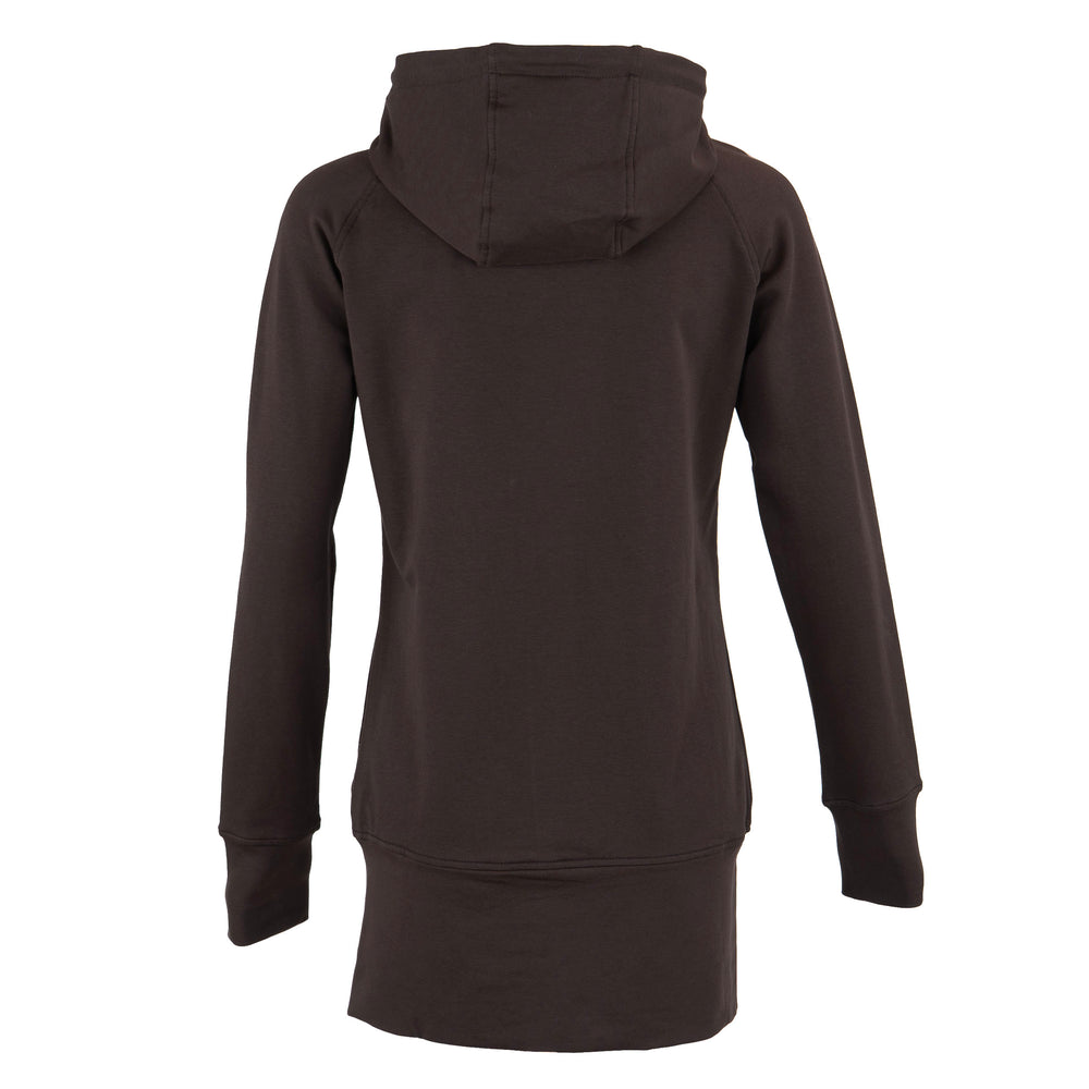 A dark brown hooded sweatshirt shown from the back, featuring a relaxed fit, long sleeves, and ribbed cuffs, on a solid white background.