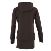 A dark brown hooded sweatshirt shown from the back, featuring a relaxed fit, long sleeves, and ribbed cuffs, on a solid white background.