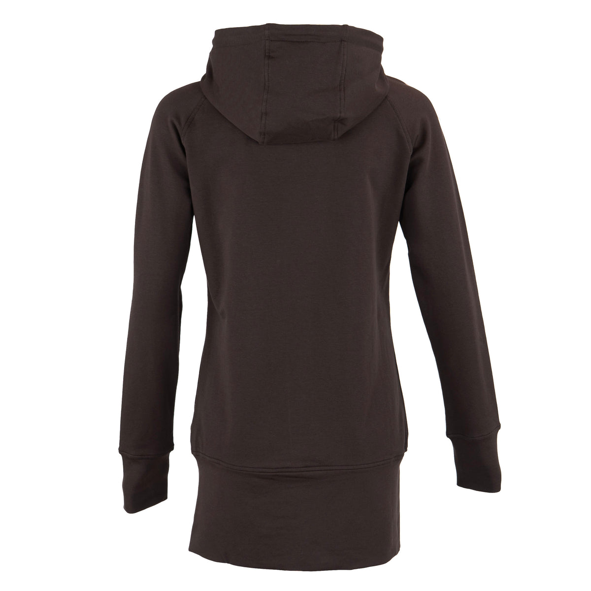 A dark brown hooded sweatshirt shown from the back, featuring a relaxed fit, long sleeves, and ribbed cuffs, on a solid white background.