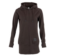 A dark brown zip-up hoodie with drawstrings and a small square patch on the lower front pocket, shown against a plain white background.