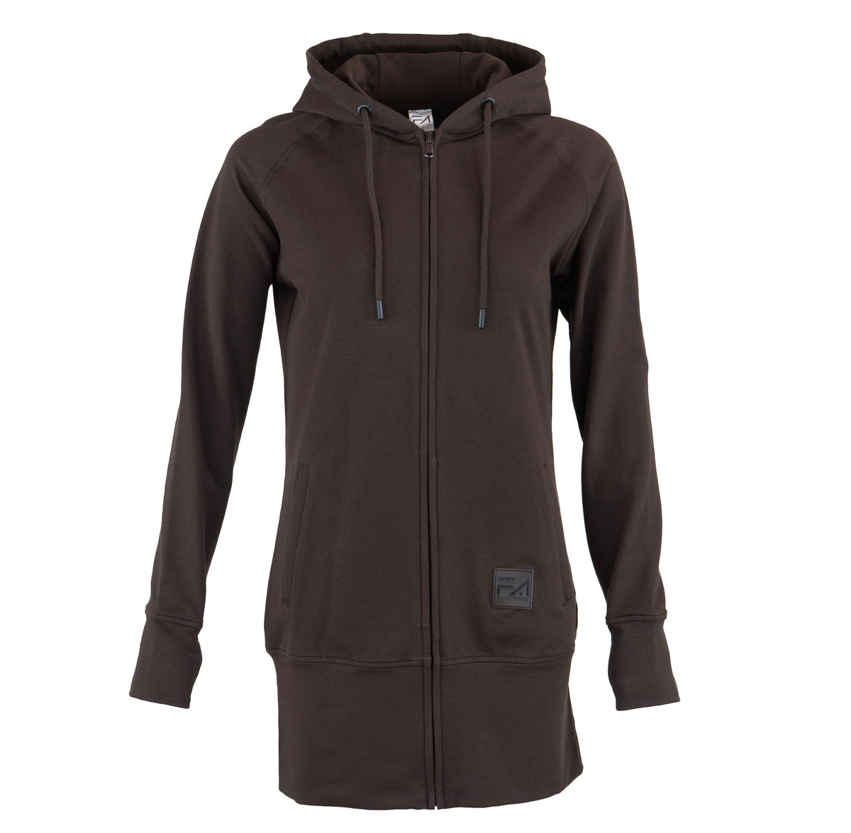 A dark brown zip-up hoodie with drawstrings and a small square patch on the lower front pocket, shown against a plain white background.