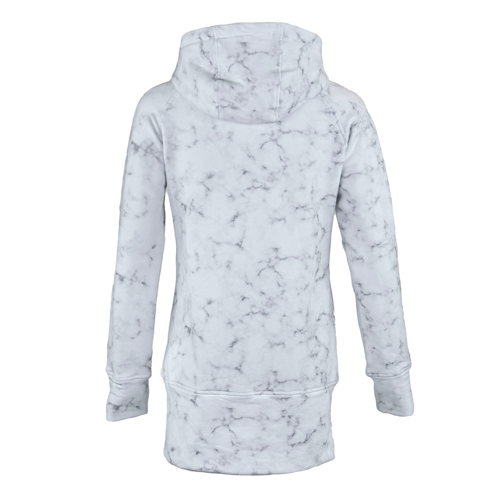 A longline hooded sweatshirt with a white and gray marble pattern, shown from the back on a solid white background.