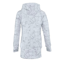 A longline hooded sweatshirt with a white and gray marble pattern, shown from the back on a solid white background.