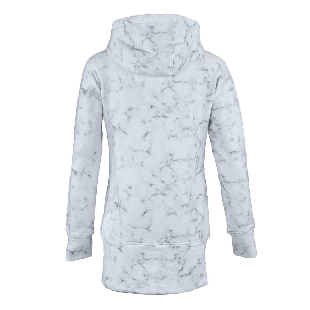 A longline hooded sweatshirt with a white and gray marble pattern, shown from the back on a solid white background.