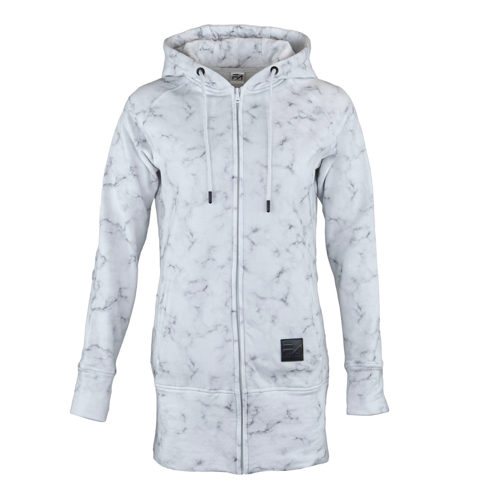 A women's zip-up hoodie with a white and gray marble pattern, featuring a full-length front zipper, drawstring hood, ribbed cuffs, and a small black rectangular patch near the lower front hem.