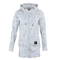 A women's zip-up hoodie with a white and gray marble pattern, featuring a full-length front zipper, drawstring hood, ribbed cuffs, and a small black rectangular patch near the lower front hem.