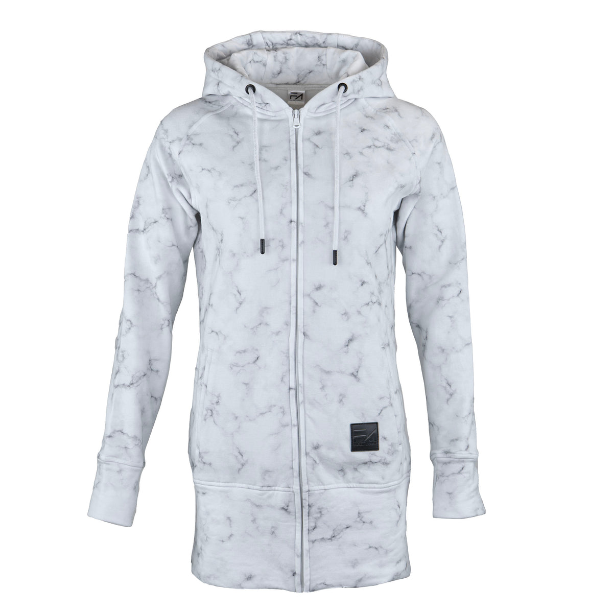 A women's zip-up hoodie with a white and gray marble pattern, featuring a full-length front zipper, drawstring hood, ribbed cuffs, and a small black rectangular patch near the lower front hem.