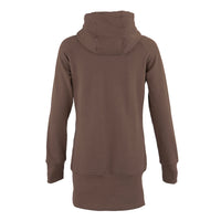 A mocha brown hooded sweatshirt shown from the back, featuring a high ribbed collar, raglan sleeves, and a ribbed hem, displayed on a clean white background.