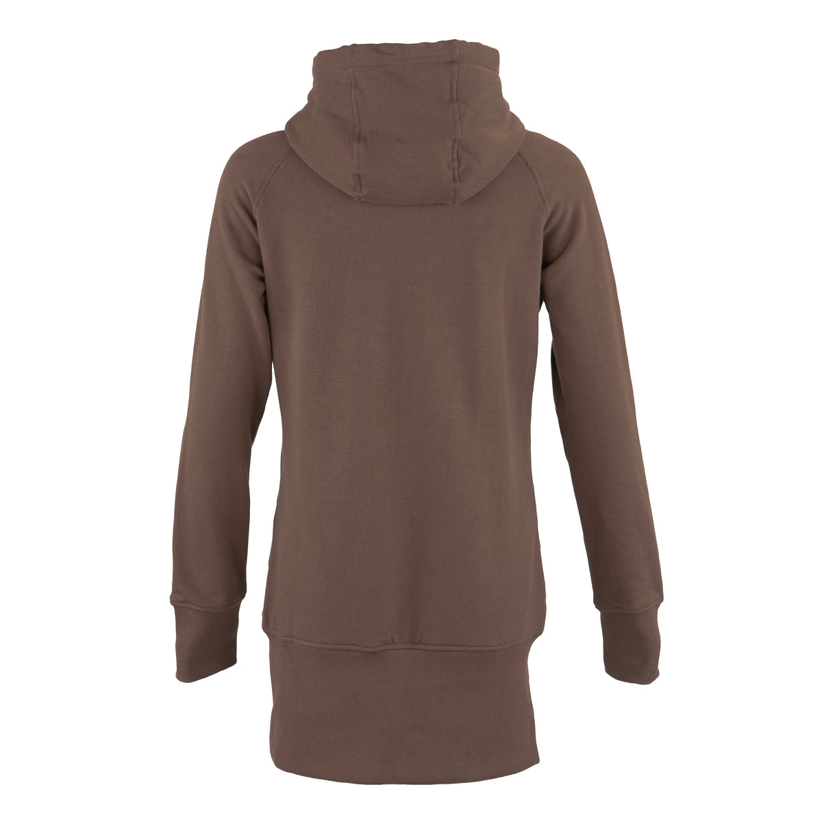 A mocha brown hooded sweatshirt shown from the back, featuring a high ribbed collar, raglan sleeves, and a ribbed hem, displayed on a clean white background.