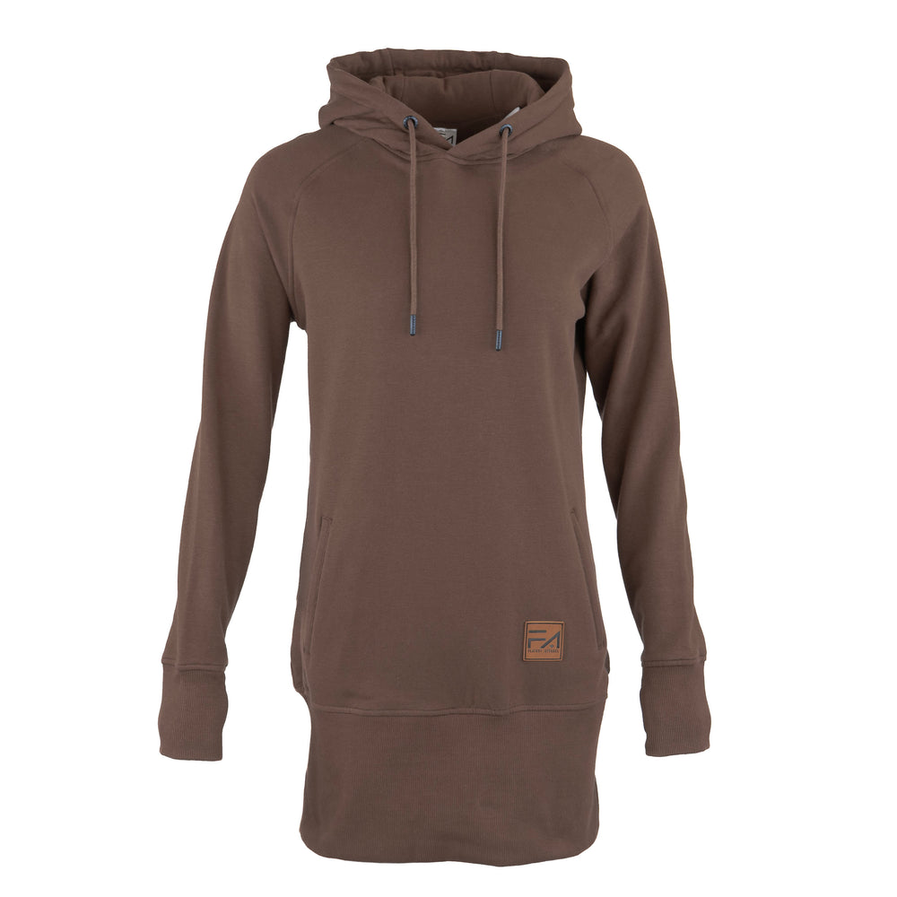 A mocha brown long-sleeve hoodie dress with drawstrings and a kangaroo pocket, shown against a plain white background.