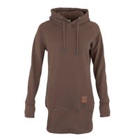 A mocha brown long-sleeve hoodie dress with drawstrings and a kangaroo pocket, shown against a plain white background.