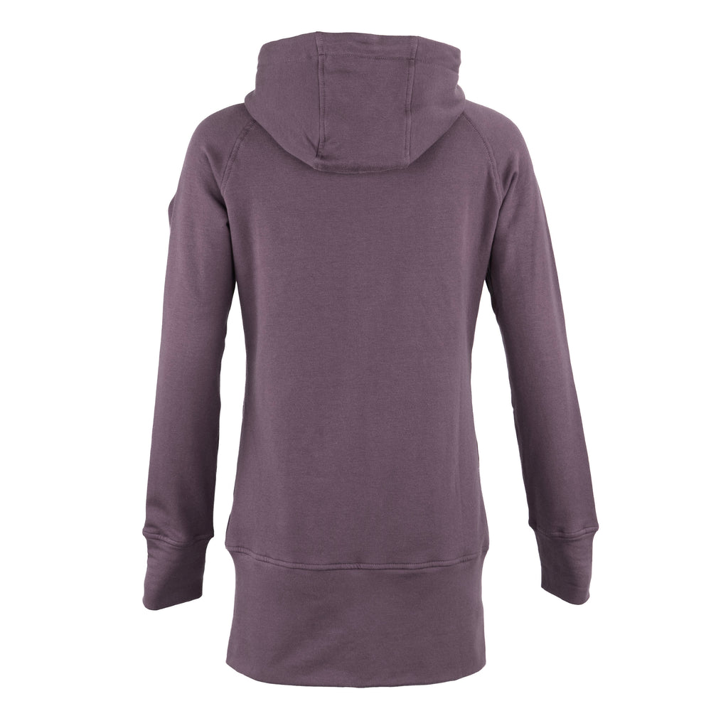 A long-sleeve hooded sweatshirt shown from the back, in a muted purple color, isolated on a white background.