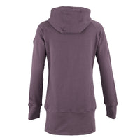 A long-sleeve hooded sweatshirt shown from the back, in a muted purple color, isolated on a white background.