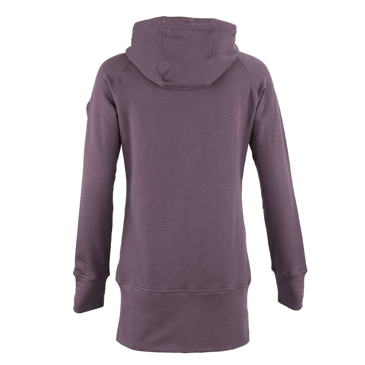 A long-sleeve hooded sweatshirt shown from the back, in a muted purple color, isolated on a white background.