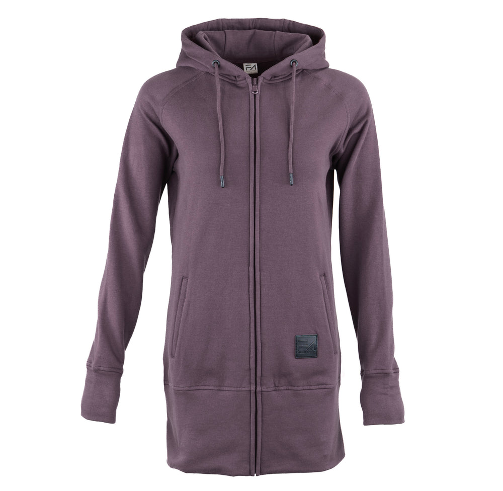 A women's full-zip hooded sweatshirt in a muted purple color, featuring a front zipper, drawstrings, and a small dark brand patch near the lower front hem.