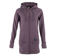 A women's full-zip hooded sweatshirt in a muted purple color, featuring a front zipper, drawstrings, and a small dark brand patch near the lower front hem.