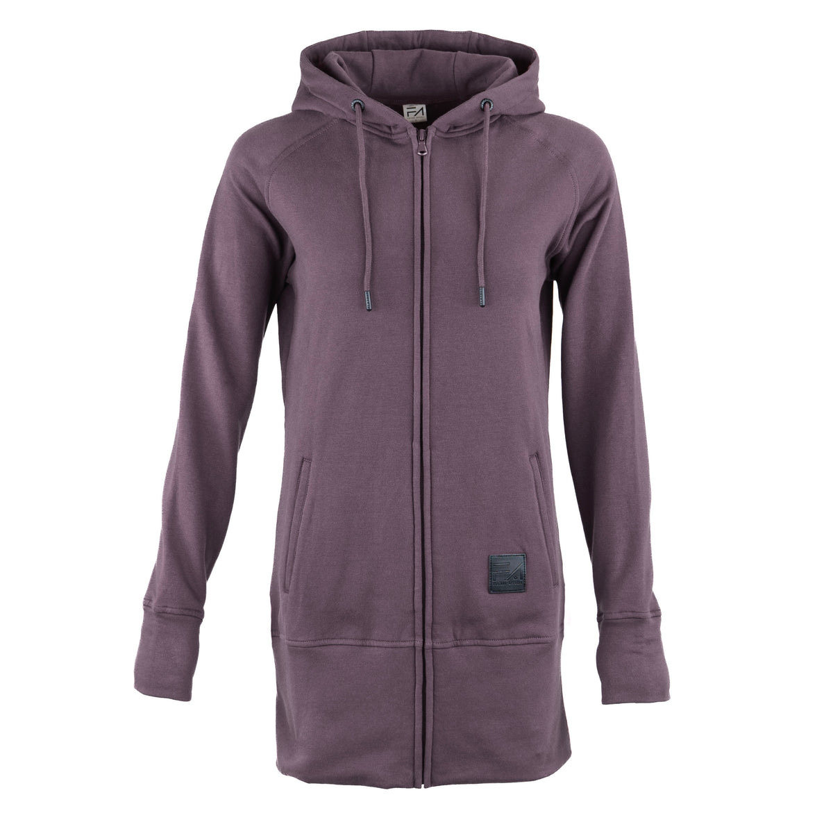A women's full-zip hooded sweatshirt in a muted purple color, featuring a front zipper, drawstrings, and a small dark brand patch near the lower front hem.
