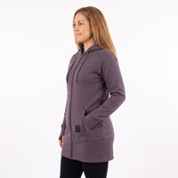 A woman wearing a dusty purple full-zip hooded sweatshirt, shown from a side profile against a plain white background.