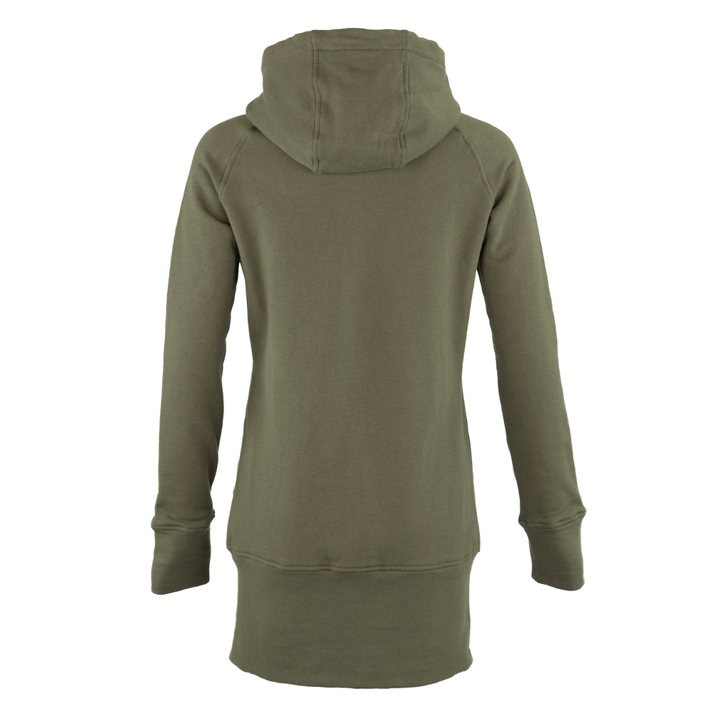 An olive green hooded sweatshirt shown from the back, featuring a relaxed fit, raglan sleeves, and a ribbed hem, displayed on a clean white background.