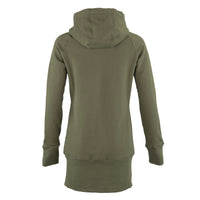 An olive green hooded sweatshirt shown from the back, featuring a relaxed fit, raglan sleeves, and a ribbed hem, displayed on a clean white background.