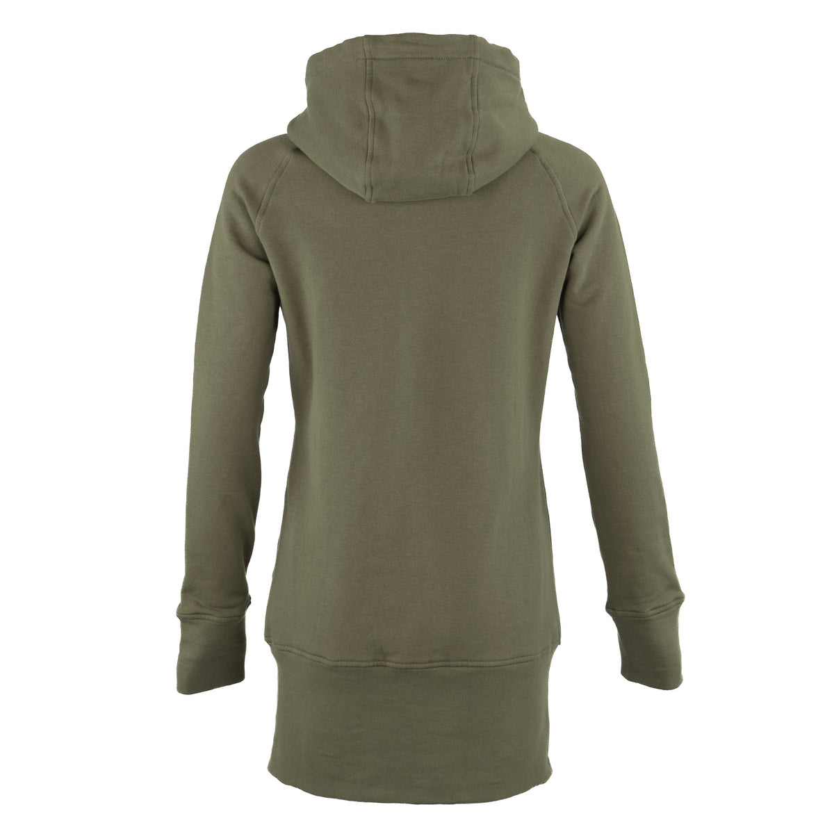 An olive green hooded sweatshirt shown from the back, featuring a relaxed fit, raglan sleeves, and a ribbed hem, displayed on a clean white background.