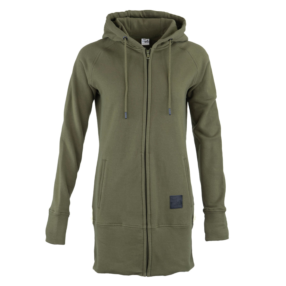 An olive green zip-up hoodie dress with a full-length front zipper, drawstrings, and front pockets, shown on a plain white background.