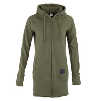 An olive green zip-up hoodie dress with a full-length front zipper, drawstrings, and front pockets, shown on a plain white background.