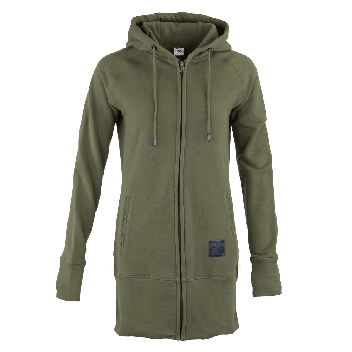 An olive green zip-up hoodie dress with a full-length front zipper, drawstrings, and front pockets, shown on a plain white background.