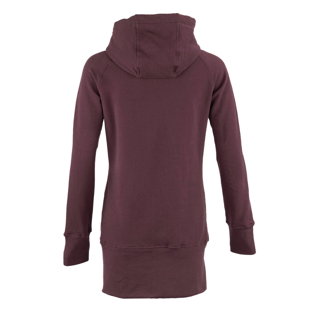 A long-sleeve hooded sweatshirt shown from the back, in a solid dark plum or burgundy color, displayed on a clean white background.