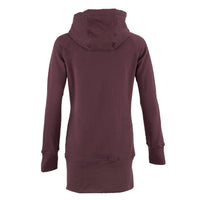 A long-sleeve hooded sweatshirt shown from the back, in a solid dark plum or burgundy color, displayed on a clean white background.