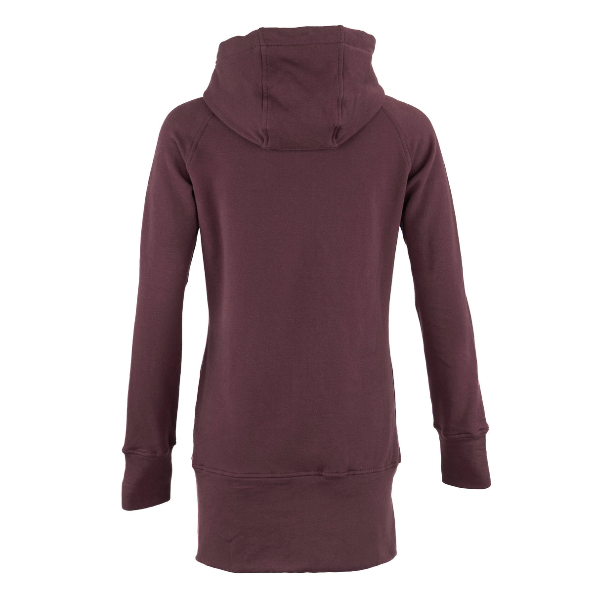 A long-sleeve hooded sweatshirt shown from the back, in a solid dark plum or burgundy color, displayed on a clean white background.