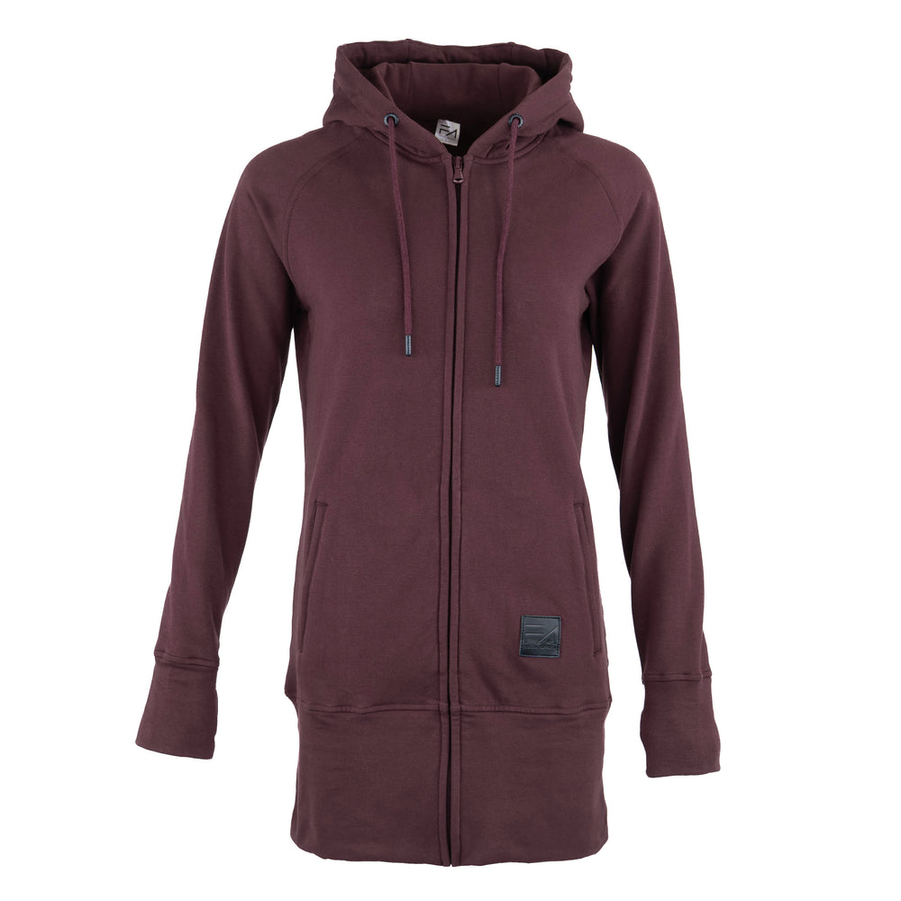 A women's full-zip hooded sweatshirt in a deep plum or burgundy shade, displayed on a clean white background.